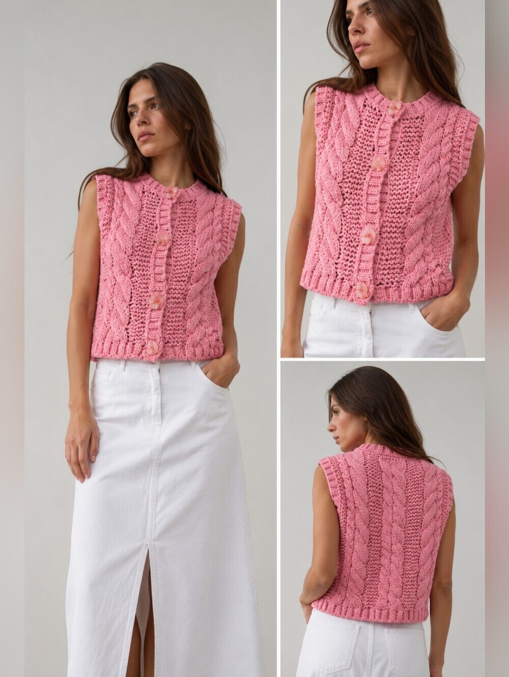 ZARA Pink Chunky Knit Sleeveless Cardigan Vest – Floral Button Cable Knit Top. M